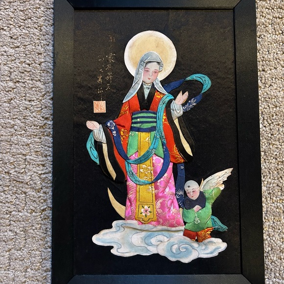 VTG Chinese Silk Picture Our Lady of China/ Madonna & Child Amidst Clouds 12x8”